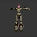 Game Movie Female Character With Red Hair Silver Metallic Armor And Mechanical Arm