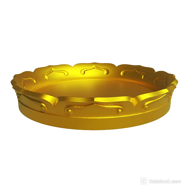 Golden Decorative Round Tray With Ornate Carved Patterns And Smooth Surface 3d model 