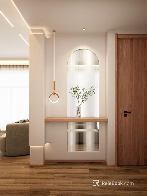 Modern Hallway Entryway Design With Arched Slats Hanging Light Wooden Console Table And Green Plant 3d model 