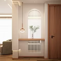 Modern Hallway Entryway Design With Arched Slats Hanging Light Wooden Console Table And Green Plant