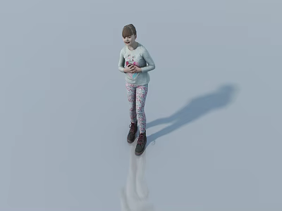 Woman in gray top patterned pants and brown boots on light background with floor reflection 3d model