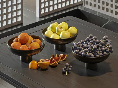 Fresh Various Fruits Including Apples Oranges And Grapes In Bowls On Table 3d model