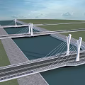 Modern Cable Stayed Bridge With White Towers Over Water And Green Grass