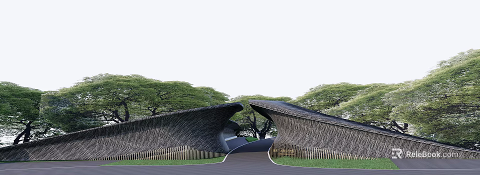 Curved Woven Feature Wall Design With Green Trees And Pathway 3d model 