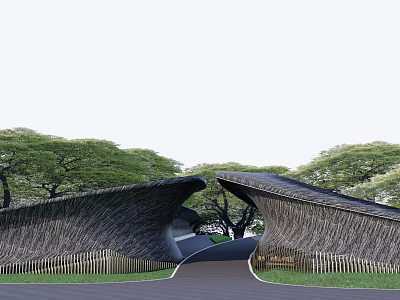 Curved Woven Feature Wall Design With Green Trees And Pathway 3d model