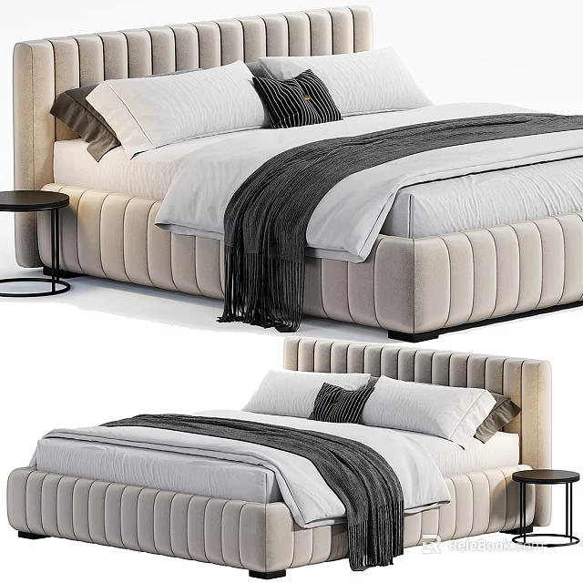 Elegant Double Bed With Tufted Velvet Headboard White Linens And Gray Throw Blanket 3d model 