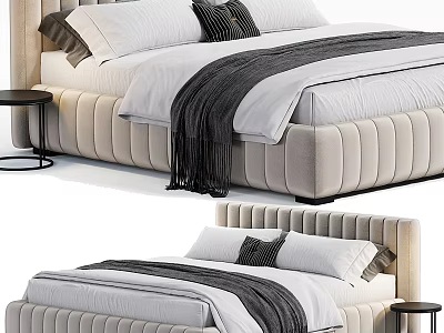Elegant Double Bed With Tufted Velvet Headboard White Linens And Gray Throw Blanket 3d model