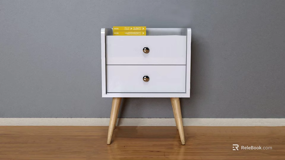 White Bedside Table With Two Drawers Gold Knobs And Wooden Legs On Wooden Floor 3d model