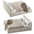 Modern Beige Upholstered Double Bed with Soft Bed Sheets Pillows and Brown Blanket 3d model