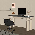 White Modern Desk with Computer Monitor Flower Vase and Black Office Chair in Workspace Interior