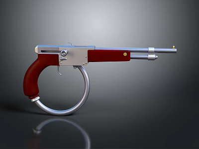 Red Grip Silver Metal Pistol With Ring Shaped Structure And Reflective Surface 3d model