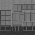 Black Window Frames In Various Sizes And Shapes Against Gray Wooden Wall 3d model