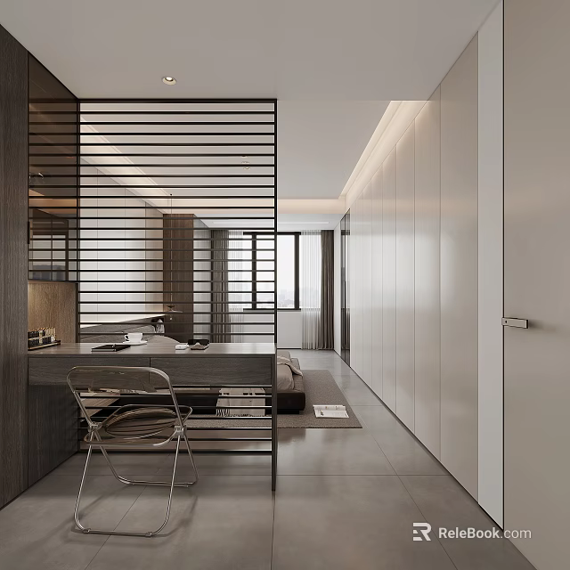 Minimalist Modern Bedroom Interior With Open Layout Gray White Desk And Wardrobe 3d model