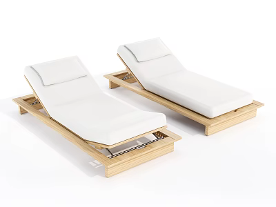 Two Wooden Frame Lounge Chairs With White Cushions For Outdoor Patio Use 3d model