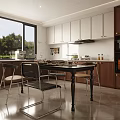 Modern Restaurant Kitchen With White Dark Brown Cabinets Dining Table Chairs And Large Window 3d model