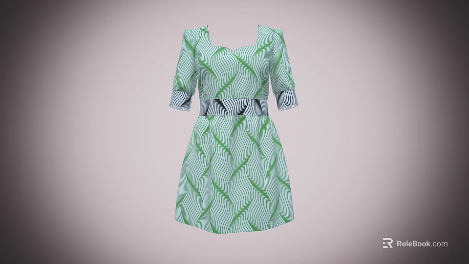 Stylish Green Wave Pattern Dress With Square Neckline Short Sleeves And Black Waistband 3d model 