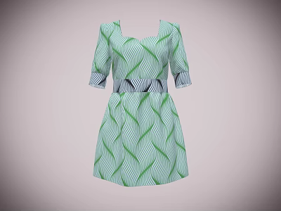 Stylish Green Wave Pattern Dress With Square Neckline Short Sleeves And Black Waistband 3d model