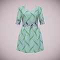 Stylish Green Wave Pattern Dress With Square Neckline Short Sleeves And Black Waistband