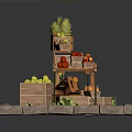 Wooden Fruit Cart Loaded with Fresh Fruits Vegetables and Green Plants on Stone Slab