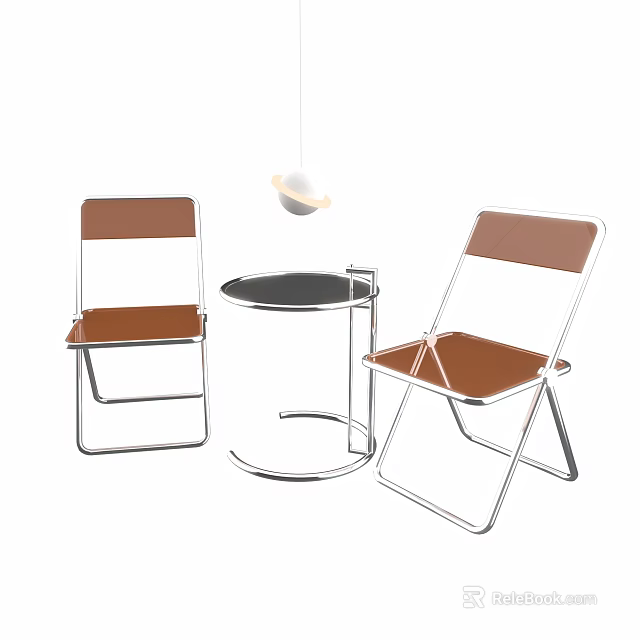 Modern Leisure Chairs With Brown Leather Seat And Metal Frame Plus Round Black Side Table 3d model 