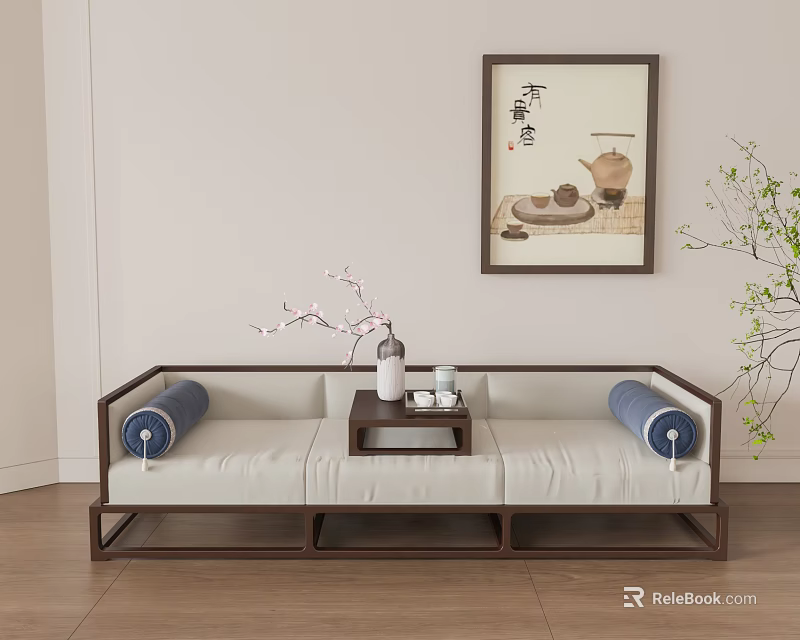 Traditional Chinese Daybed With Wooden Frame White Cushions Blue Bolsters Tea Table And Decorative Painting 3d model 