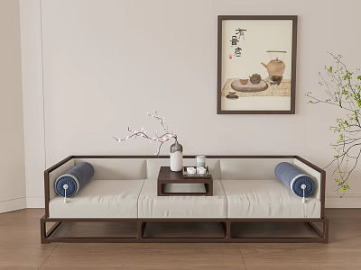 Traditional Chinese Daybed With Wooden Frame White Cushions Blue Bolsters Tea Table And Decorative Painting 3d model