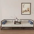 Traditional Chinese Daybed With Wooden Frame White Cushions Blue Bolsters Tea Table And Decorative Painting