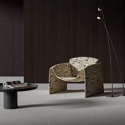 Patterned Accent Chair in Room with Dark Wooden Wall Floor Lamp and Small Round Table 3d model