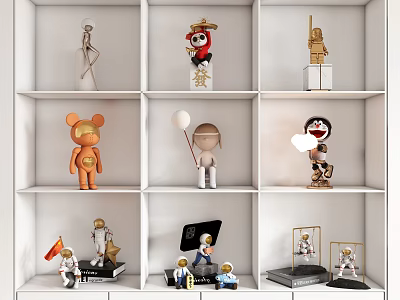 Diverse Decorative Figurine Set Displayed On Multi Grid Shelf For Home Decoration 3d model