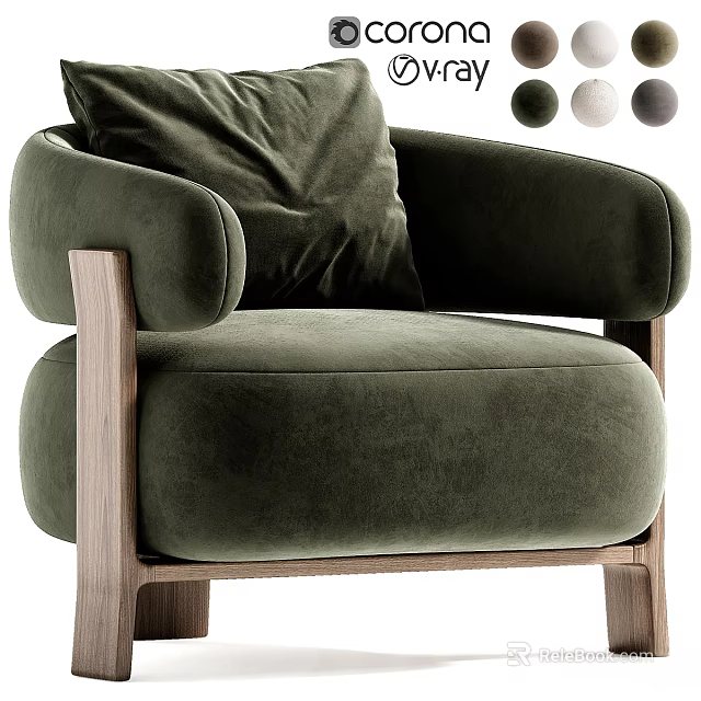 Green Velvet Leisure Chair With Rounded Armrests And Wooden Legs Color Options 3d model 