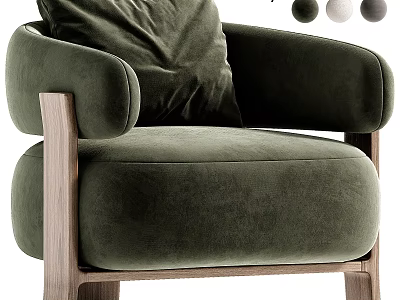 Green Velvet Leisure Chair With Rounded Armrests And Wooden Legs Color Options 3d model