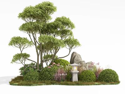 Serene Garden Landscape With Tall Green Tree Bushes Purple Flowers Stones And Stone Lantern 3d model
