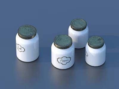 Four White Storage Jars With Green Lids And Pepper Label For Kitchen 3d model