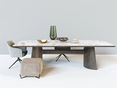 Modern Dining Table Set with Marble Tabletop Dark Wooden Legs Grey Armchair and Beige Ottoman 3d model