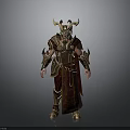 Woman Dressed In Mythical Warrior Armor With Horned Helmet Red Robe And Gold Accents