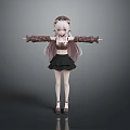 Game Movie Character With Pink Long Hair Brown Plaid Sleeves Black Skirt And Arms Outstretched