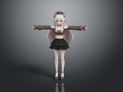 Game Movie Character With Pink Long Hair Brown Plaid Sleeves Black Skirt And Arms Outstretched 3d model