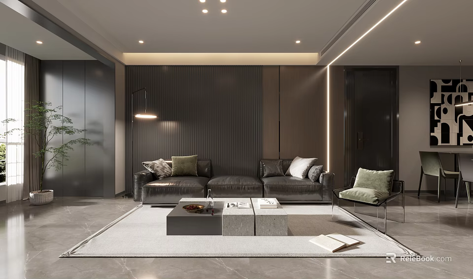 Modern Living Room Interior With Grey Sofa Coffee Table Rug And Striped Wall Lighting 3d model 
