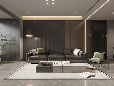 Modern Living Room Interior With Grey Sofa Coffee Table Rug And Striped Wall Lighting 3d model