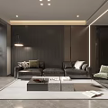 Modern Living Room Interior With Grey Sofa Coffee Table Rug And Striped Wall Lighting