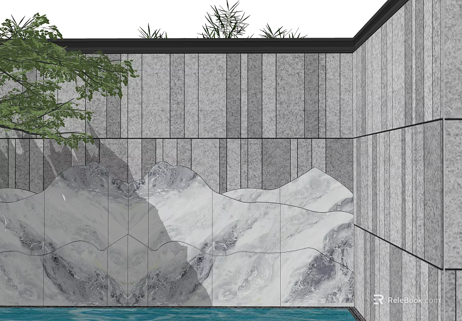 Modern Feature Wall With Stone Mountain Water Texture Pool And Green Plants 3d model