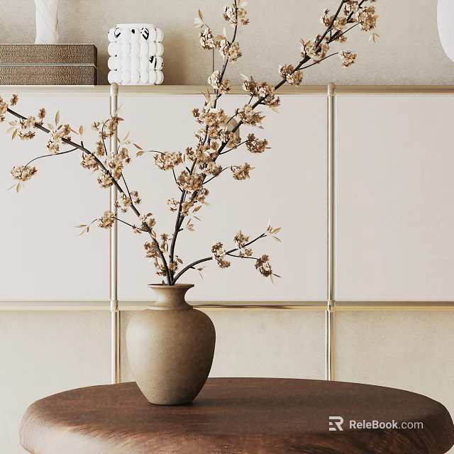 Bonsai Plant With Blooming Branches In Terracotta Vase On Table Light Cabinet Background 3d model 