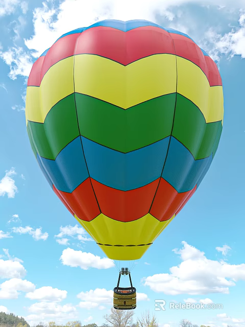 Colorful Hot Air Balloon With Chevron Pattern Against Blue Sky and Clouds 3d model 