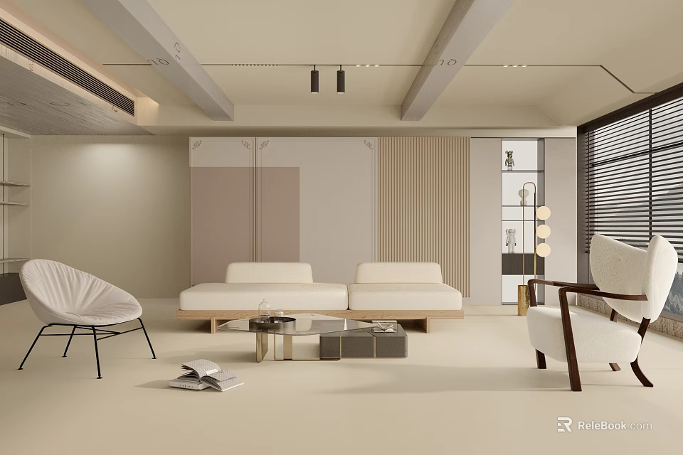 Modern Living Room Interior With Beige Sofa White Chairs And Coffee Table 3d model 