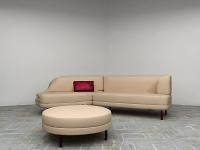 Beige Curved Sectional Sofa With Red Cushion And Round Ottoman In Modern Room 3d model