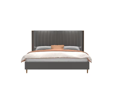 Modern Double Bed with Vertical Tufted Headboard Gray Frame Light Bedding Orange Pillow Wooden Legs 3d model