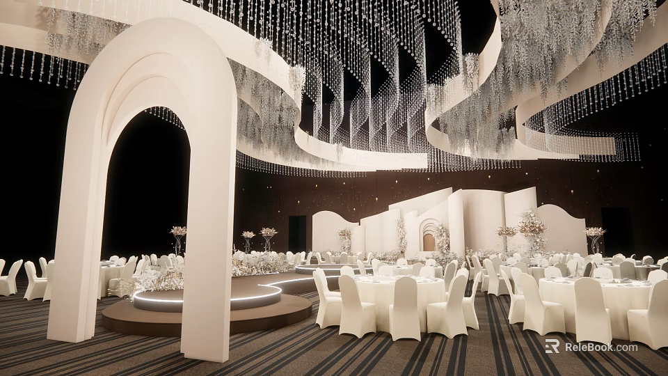Elegant Banquet Hall Interior With White Arches Crystal Chandeliers And White Tables 3d model 