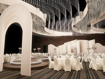 Elegant Banquet Hall Interior With White Arches Crystal Chandeliers And White Tables 3d model
