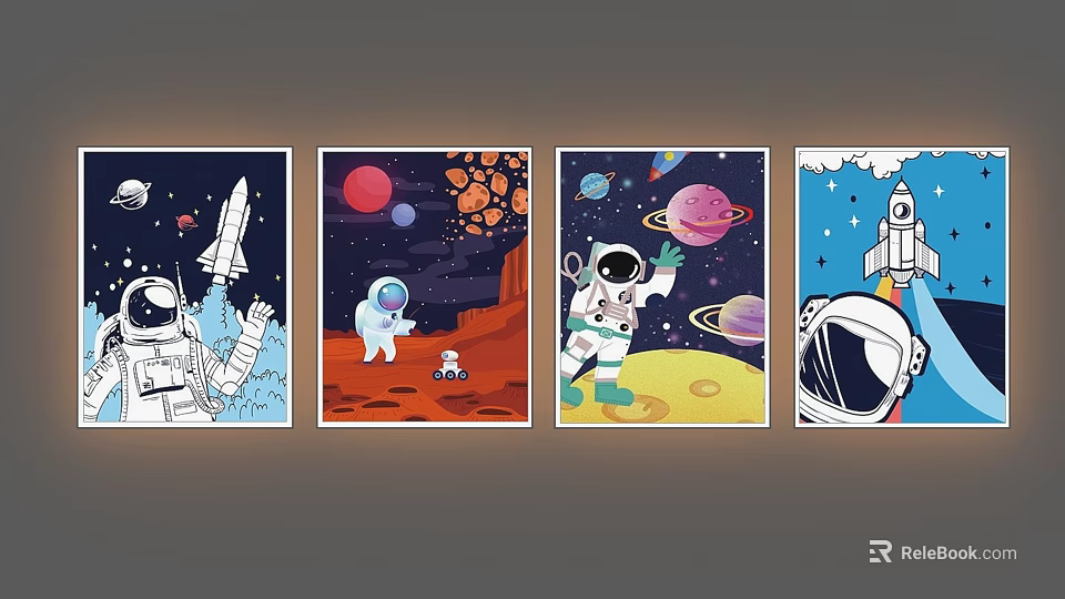 Astronaut Themed Decorative Posters Featuring Rocket Planets Mars Moon And Space Scenes 3d model