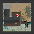 Cartoon Beach Scene Featuring Wooden Deck Cabin Palm Trees and Small Boat in Blue Water